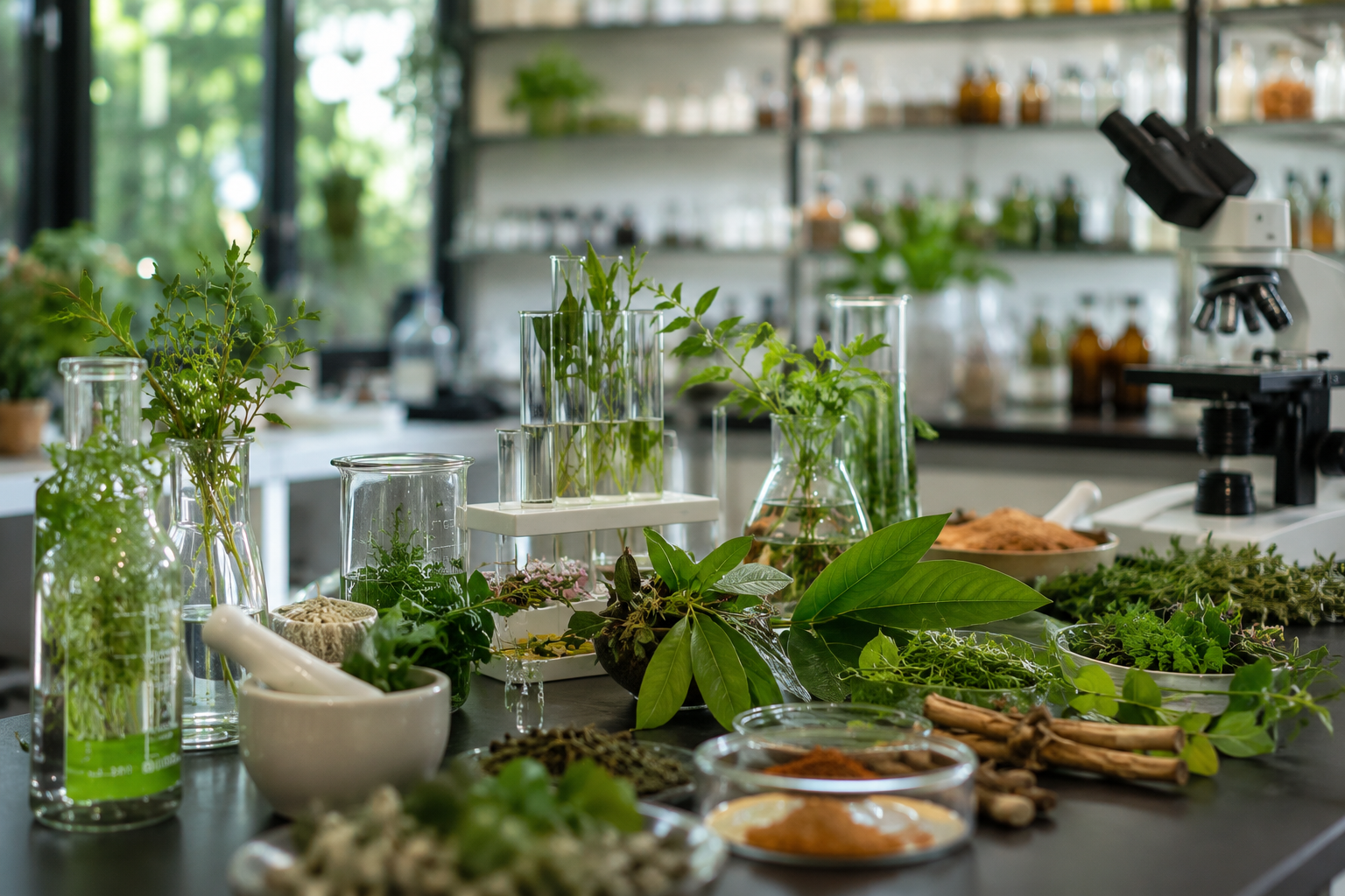 Ayurvedic herbs and modern lab equipment — where ancient wisdom meets modern healing