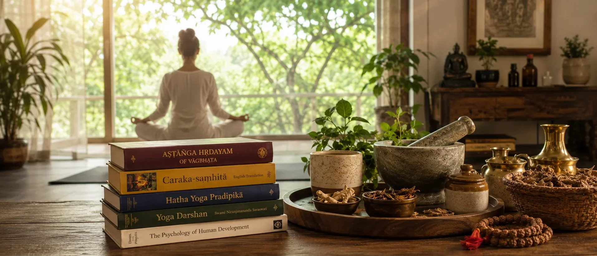 Ayurveda and yoga texts with meditation practice at sunrise — Samarpan