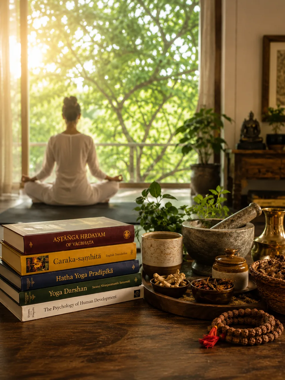 Ayurveda and yoga texts with meditation practice at sunrise — Samarpan